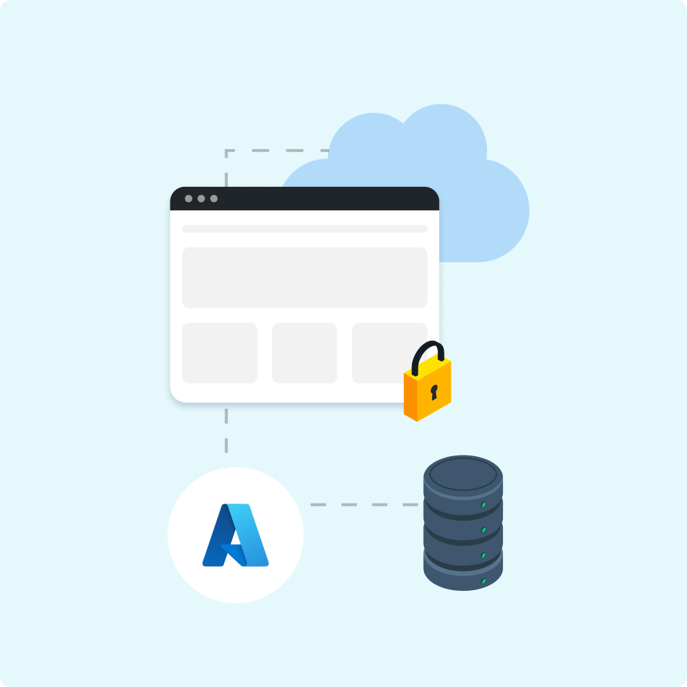 An illustration depicting a secure web interface connected to a cloud service and a database, symbolizing data protection and scalable digital solutions.