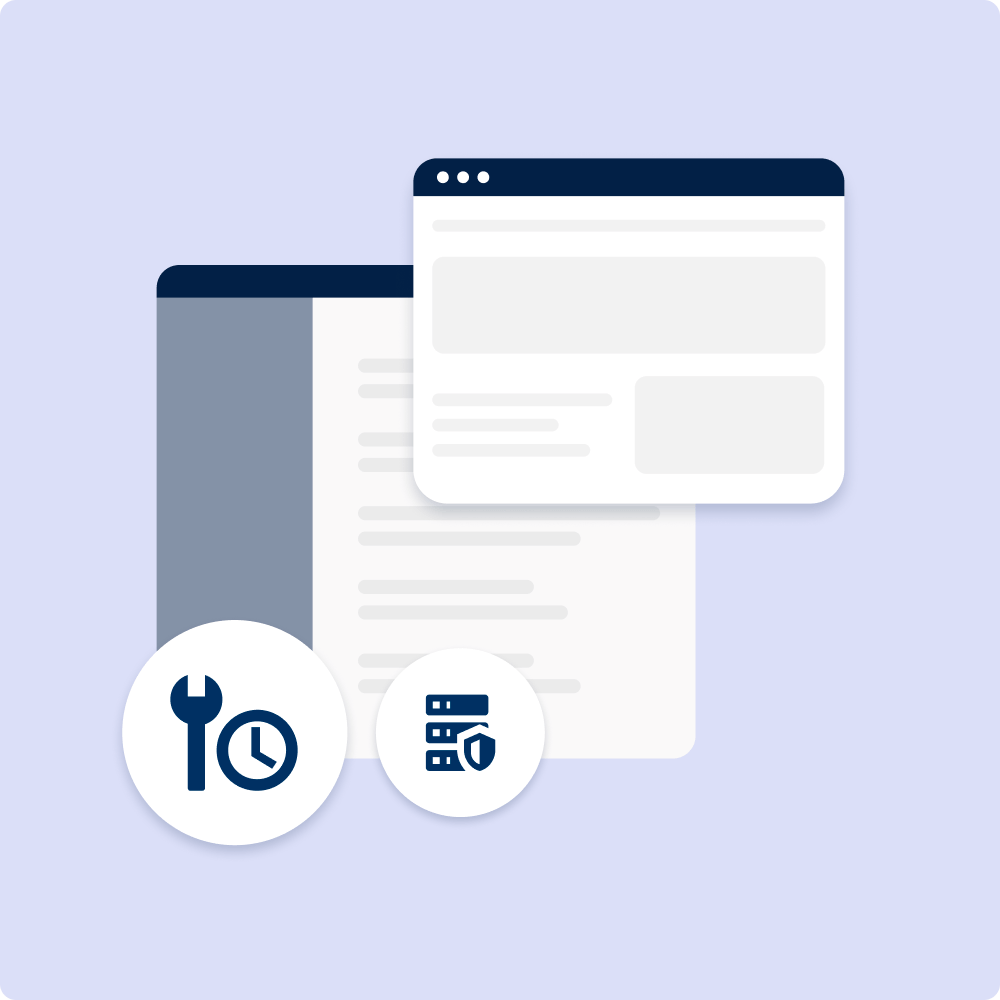 An illustration featuring a digital interface with a document and tools icons, symbolizing website management and data organization for scalable digital platforms.