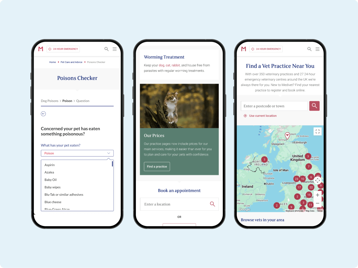 Three mobile screens displaying a pet health website. The first screen features a poison checker tool, the second offers information on warning treatment with a related image, and the third helps users locate veterinary practices nearby with a map.