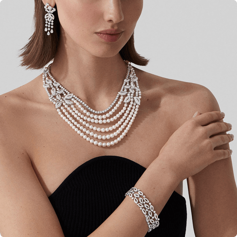 A model displays elegant jewelry featuring a multi-strand pearl necklace and matching bracelet, complemented by sparkling earrings, all set against a neutral background.