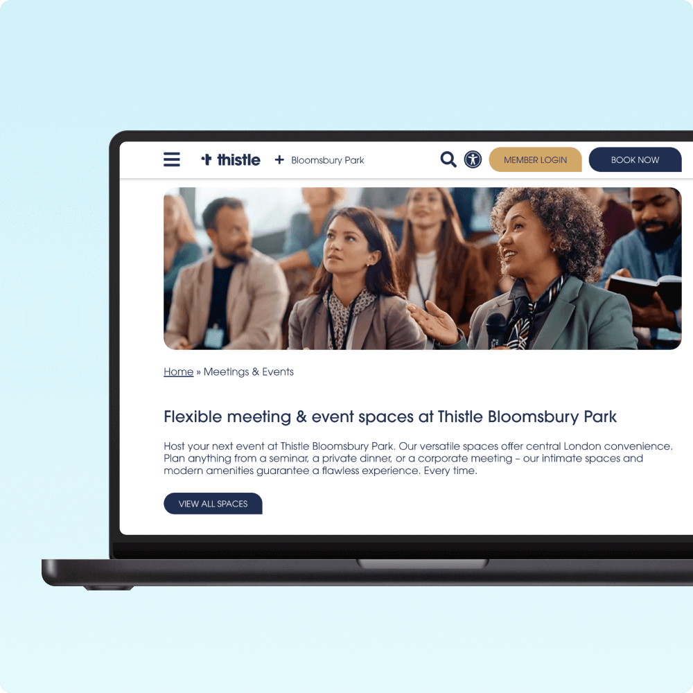 A laptop displays the Thistle Bloomsbury Park website, featuring a page dedicated to flexible meeting and event spaces, with professional individuals engaged in discussion, showcasing the venue's collaborative atmosphere for hosting events.