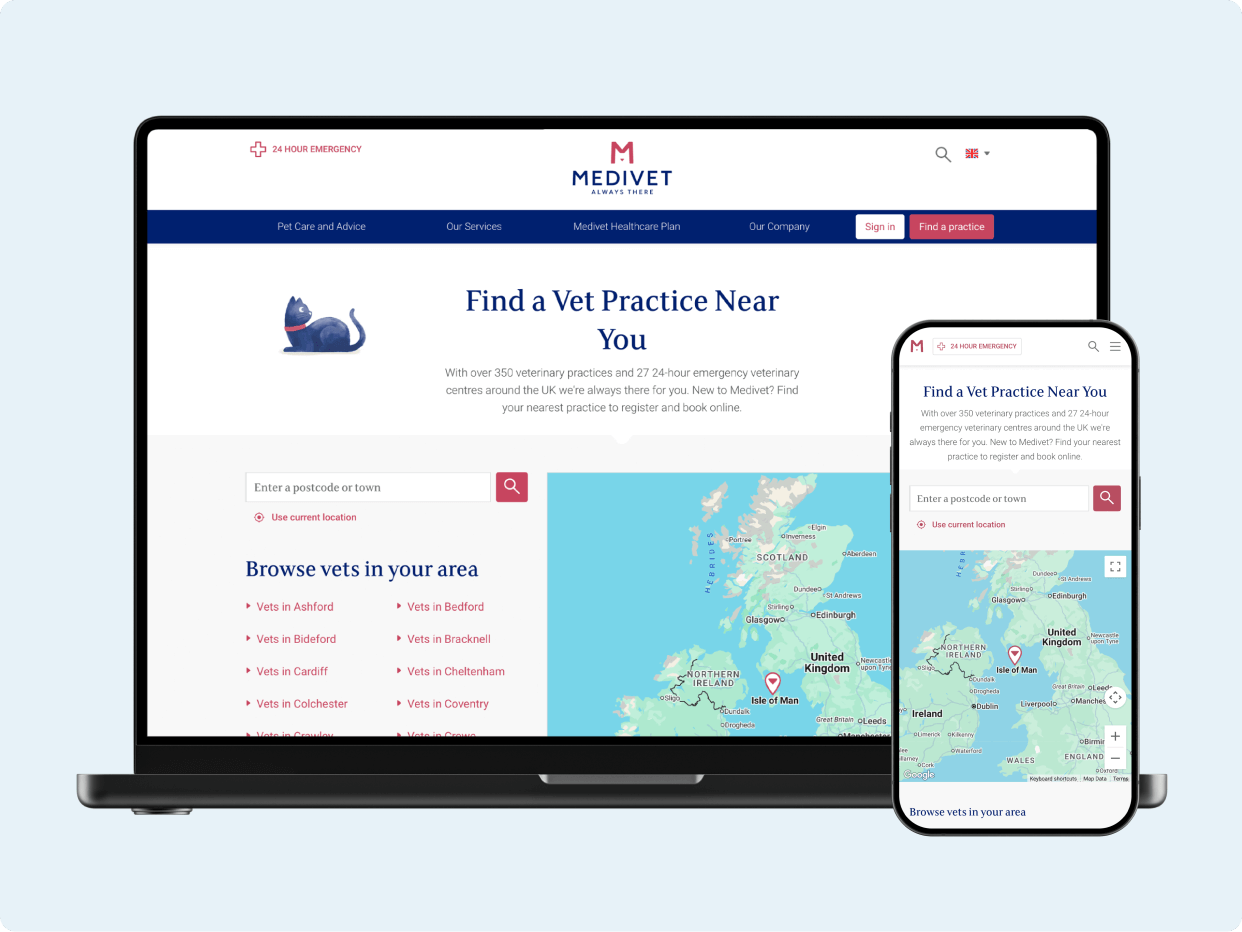 A laptop and smartphone display the Medivet website, showcasing a feature to find nearby veterinary practices. The interface includes a map and options to browse veterinarians in specific areas, enhancing user accessibility and ease of navigation.