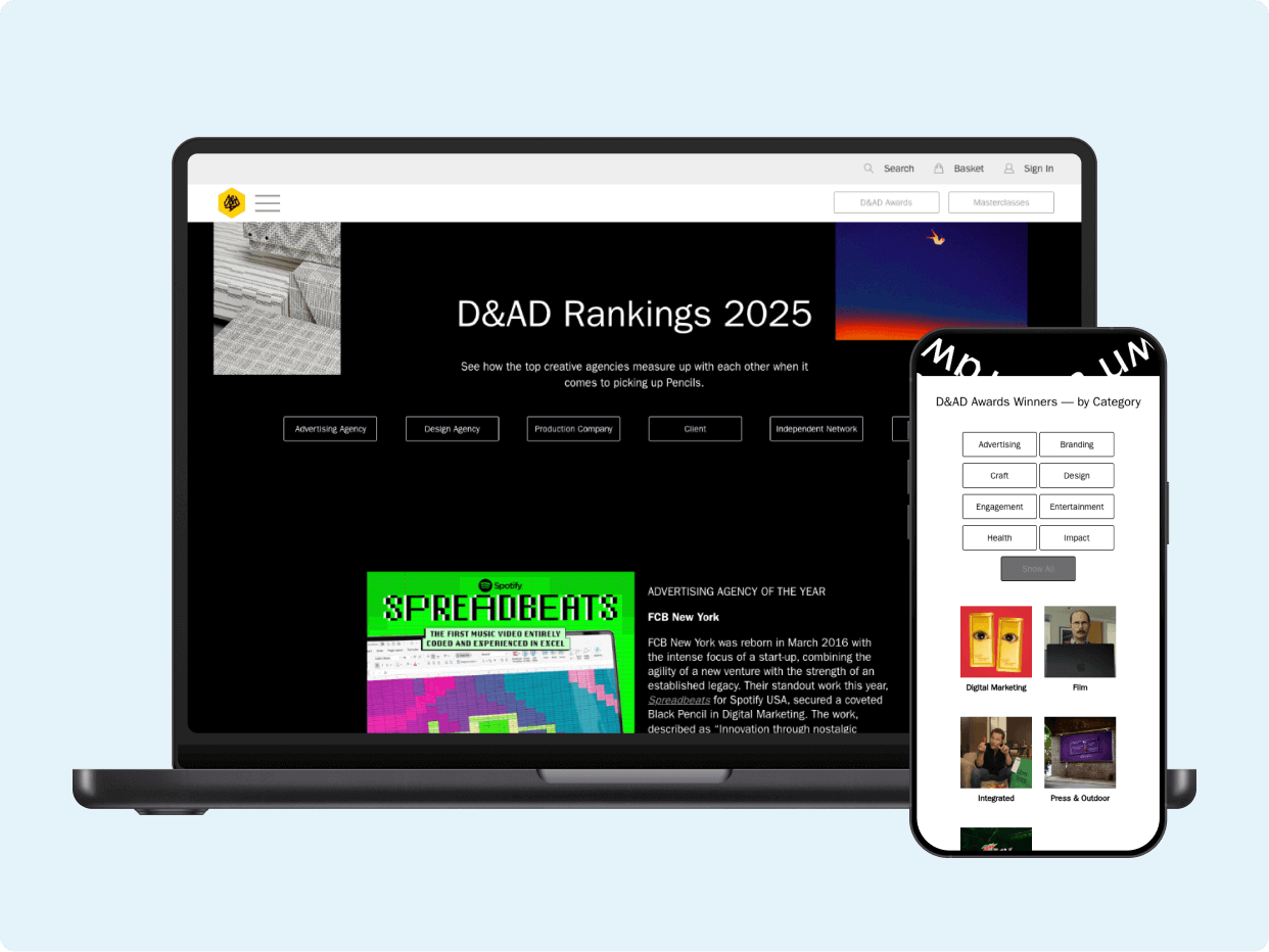 A laptop and smartphone display the D&AD Rankings 2025 website, showcasing various creative projects and award categories. The interface features colorful designs and clear navigation options for users to explore the rankings.