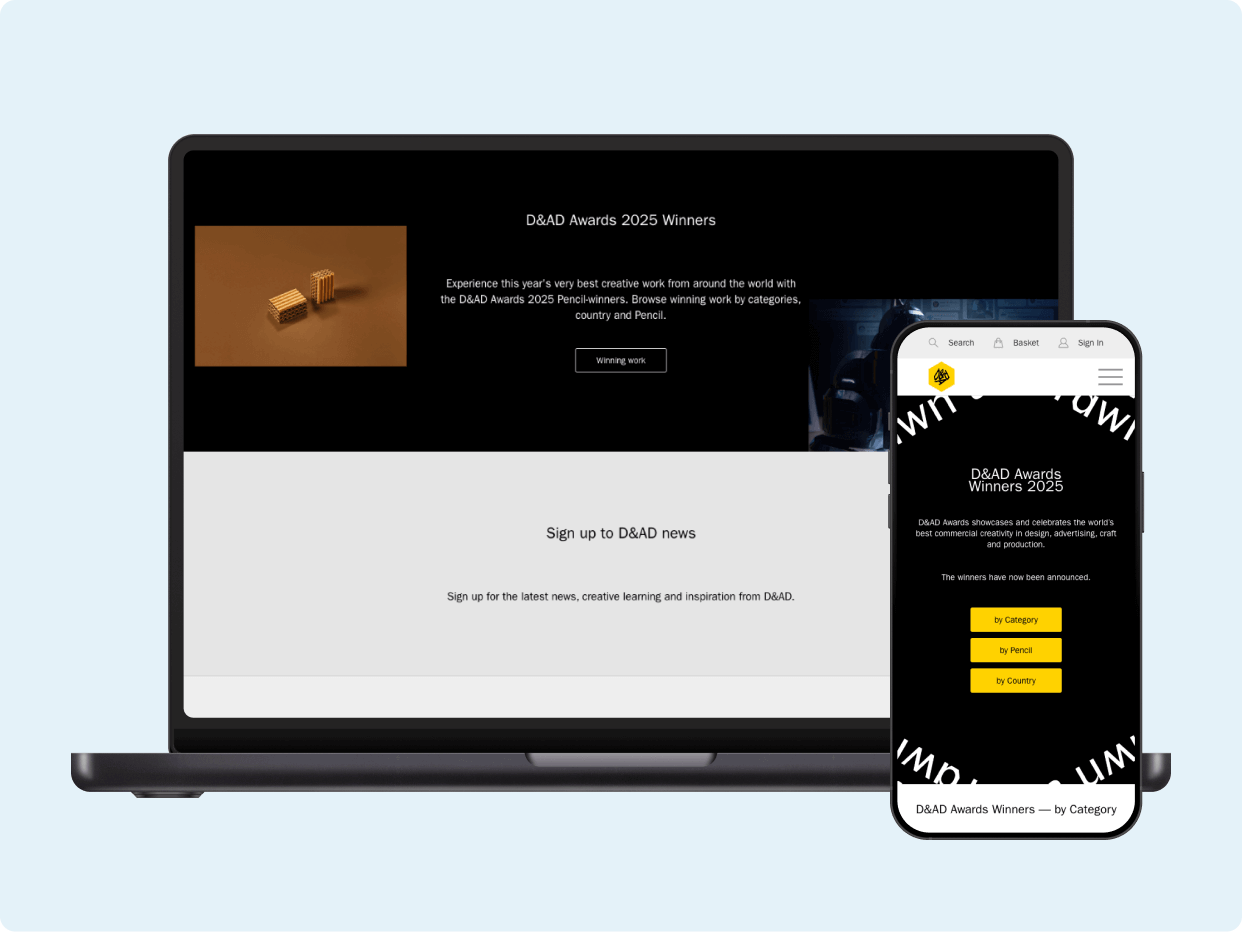A laptop and smartphone display the EAVD Awards 2023 website, showcasing an awards theme with entry details and a call-to-action button for registrations. The design emphasizes a sleek, modern aesthetic suitable for engaging potential participants.