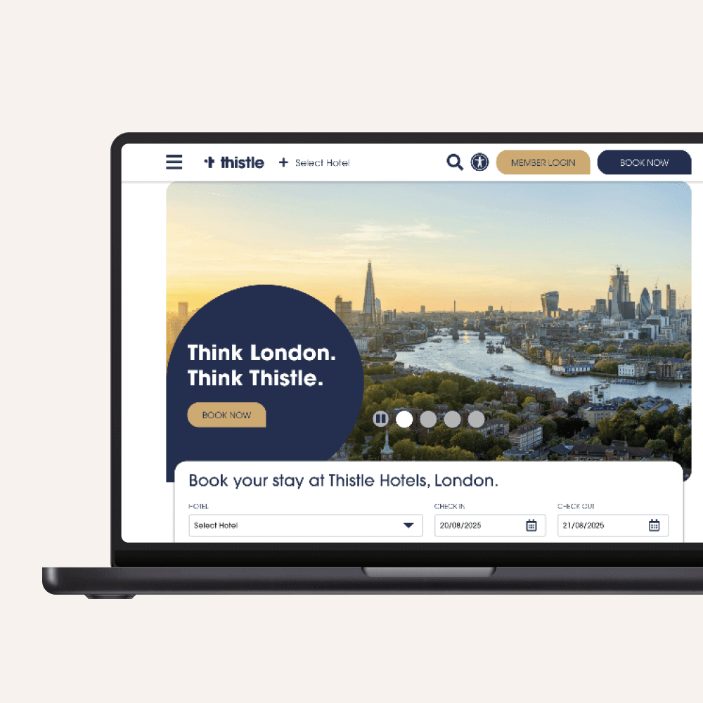 A laptop displays the Thistle Hotels website with a scenic view of London. The site encourages users to think of London and book their stay at Thistle Hotels.