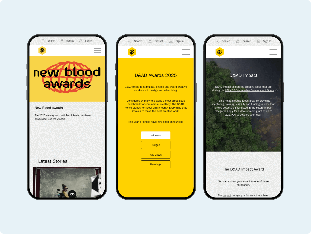 Three mobile screens displaying the DMAD Awards 2025 website. The first screen features "new blood awards" text, the second presents an overview of the awards, and the third highlights the DMAD Impact award with a lush green background.