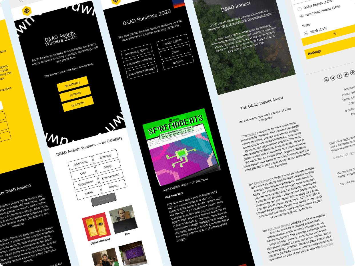 A collage of web pages showcasing the D&AD Awards, featuring various categories, submissions, and award details with vibrant graphics and a modern layout.