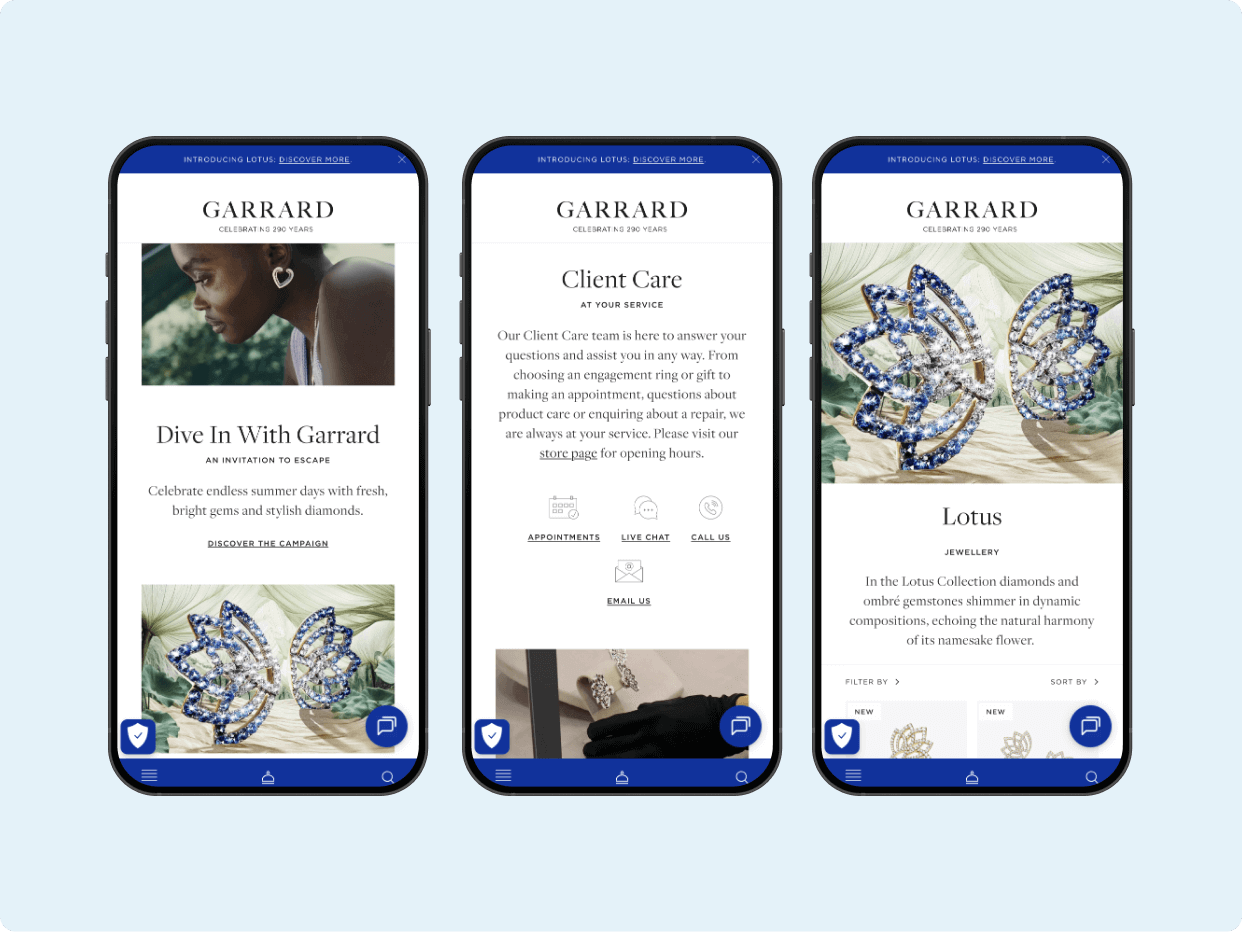 Three smartphone screens displaying a website for Garrard, featuring a lifestyle image, a "Client Care" section, and a detailed view of a decorative butterfly design, showcasing the brand's artistic approach and commitment to client experience.