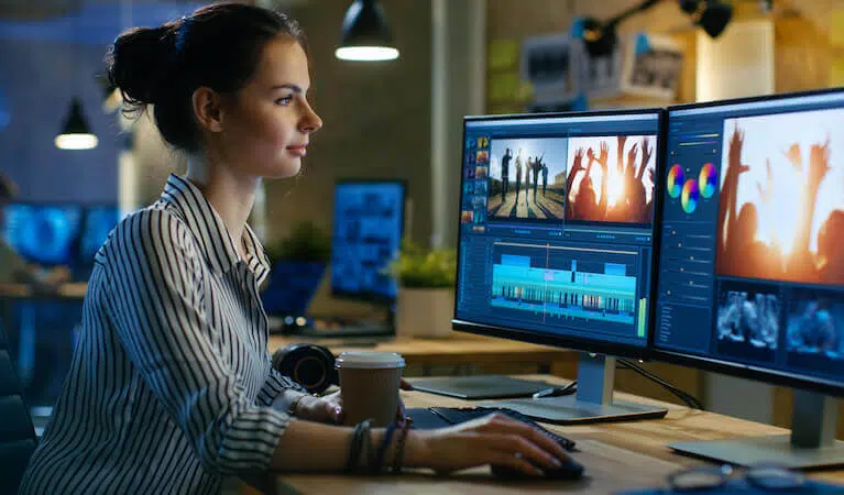 Woman viewing screens