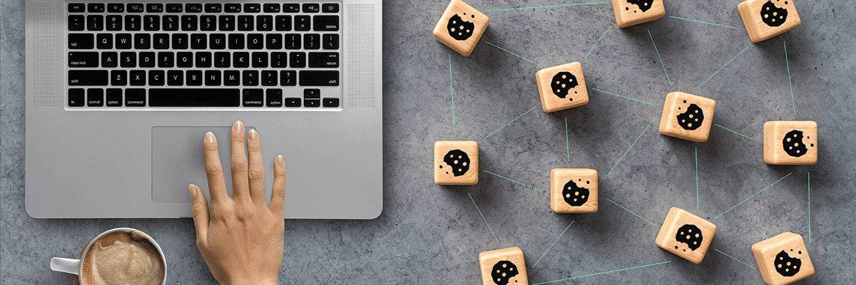 Picture shows a woman's hand using a laptop, with wooden blocks to the side of it featuring a cookie icon
