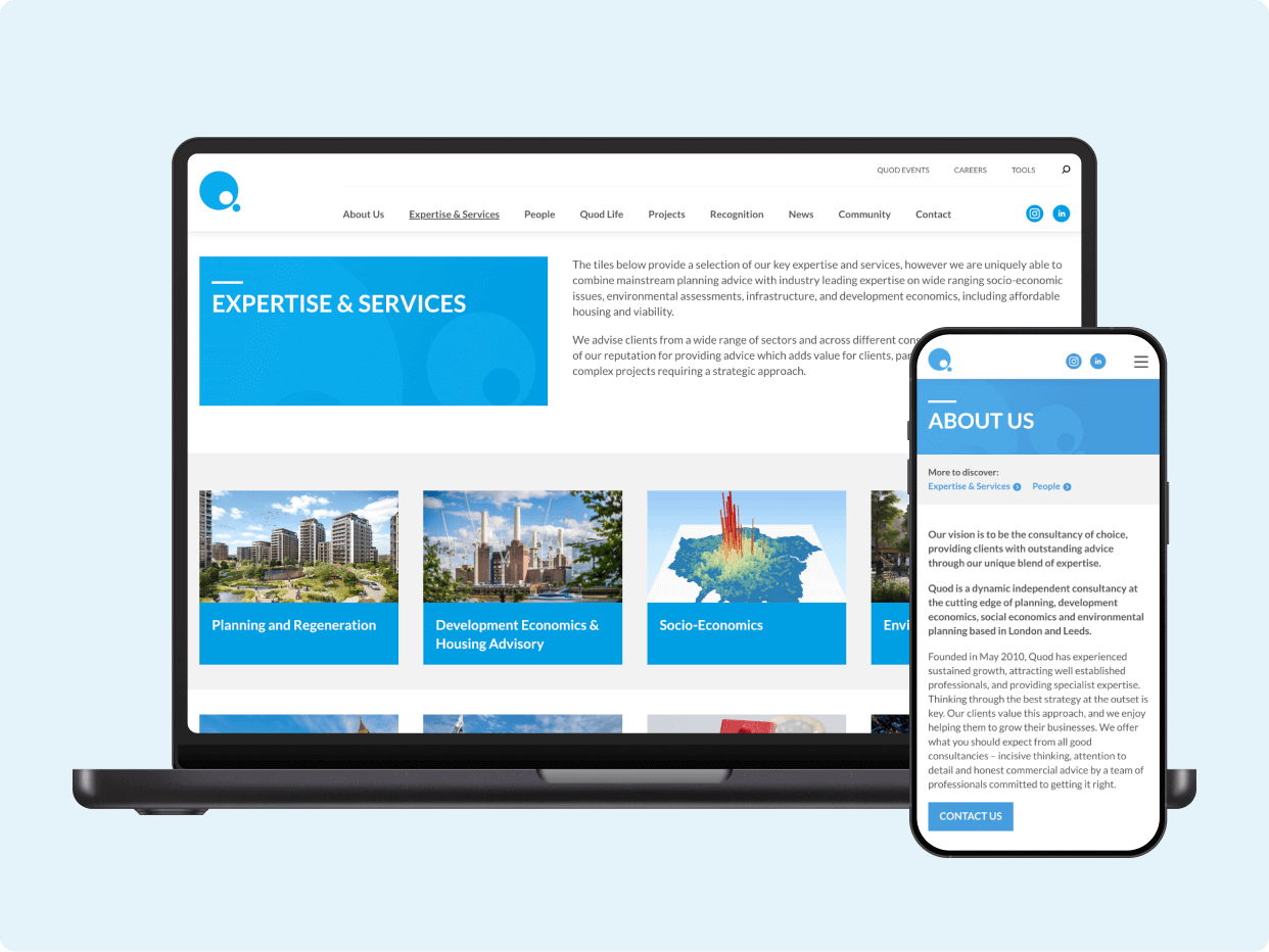 A laptop and smartphone display a website showcasing expertise and services, featuring sections on planning, economic development, and community projects, with a focus on professional insights.