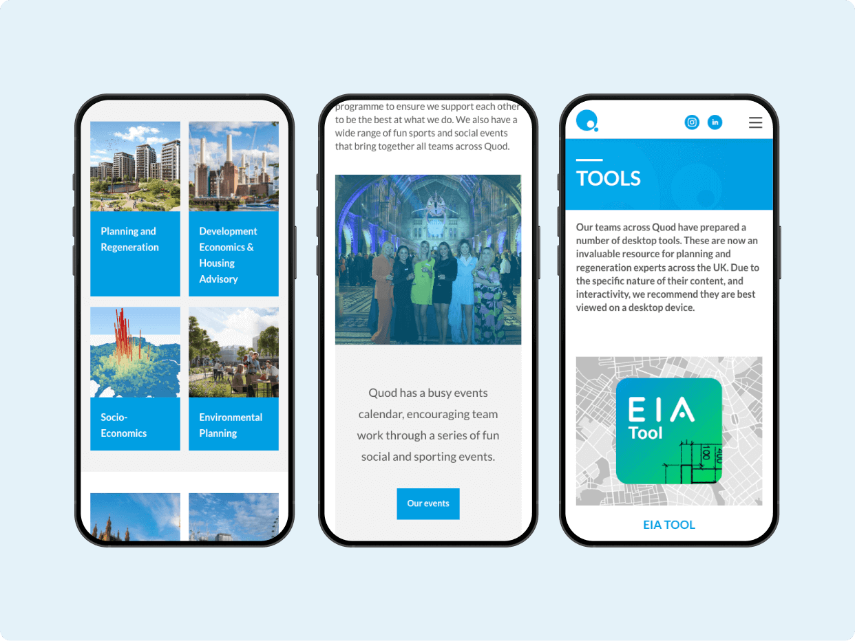 Three mobile screens showcasing a website with sections on various services like environmental planning, development economics, and event calendars. One screen features a group photo at an event, emphasizing community engagement and collaborative tools.