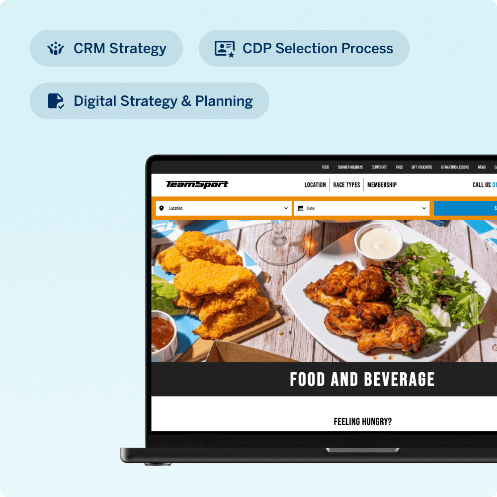 A laptop displays a food and beverage website featuring a variety of dishes, accompanied by icons representing CRM strategy, CDP selection process, and digital strategy and planning.