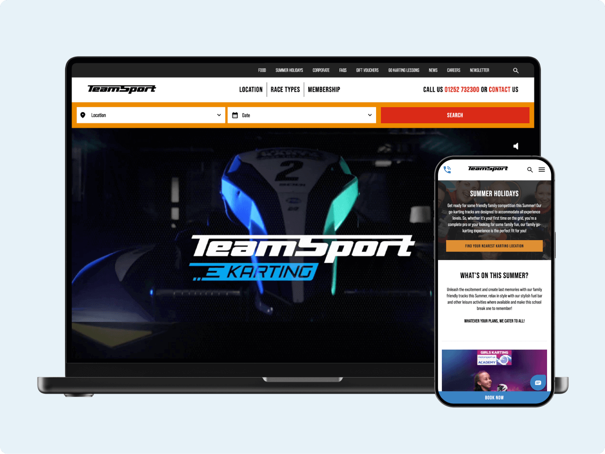 A laptop and a smartphone display the TeamSport eKarting website, featuring racing images and membership information. The design emphasizes user-friendly navigation and an engaging experience for karting enthusiasts.