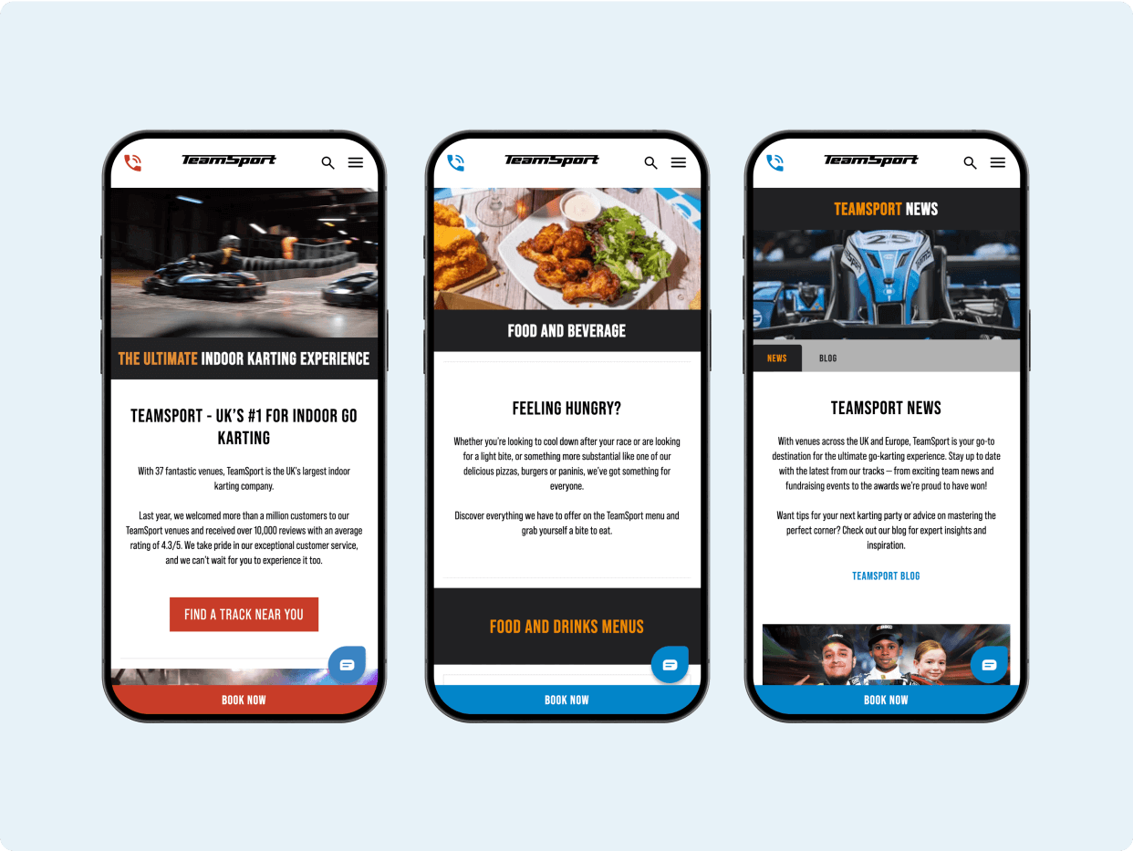 Three mobile screens display a website promoting an indoor karting experience, showcasing sections for activities, food options, and news. Each screen features engaging visuals and clear calls to action, designed for an interactive user experience.