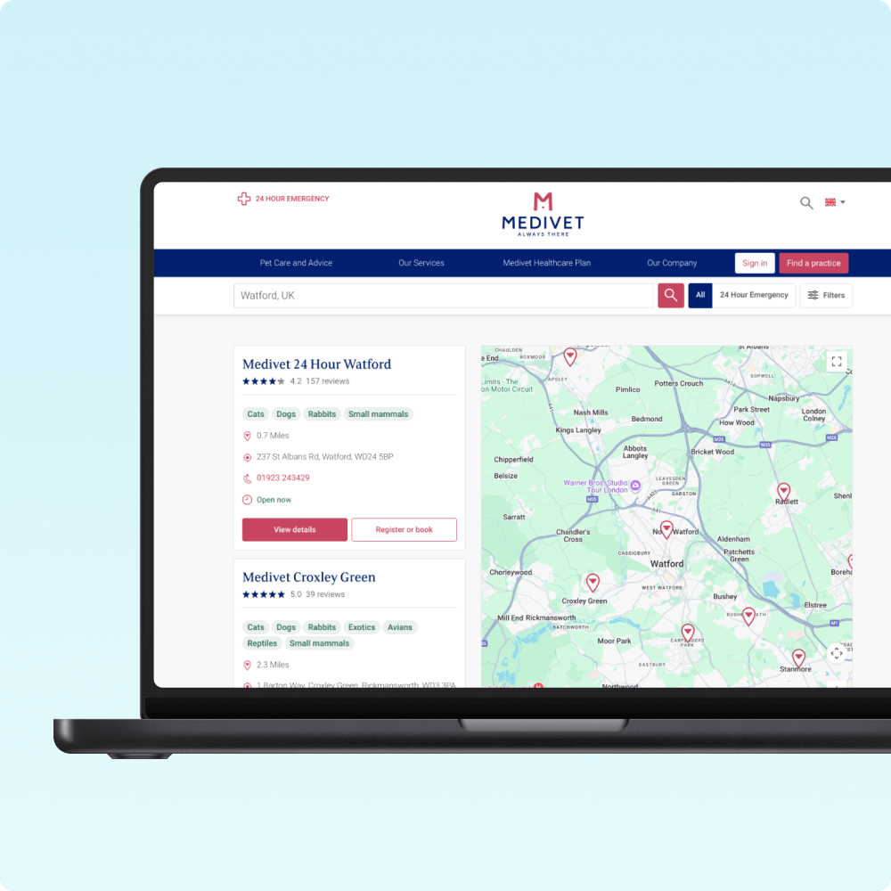 A laptop displaying the Medvets website interface with a location map. The screen shows veterinary clinic listings with ratings and filters against a light blue background.
