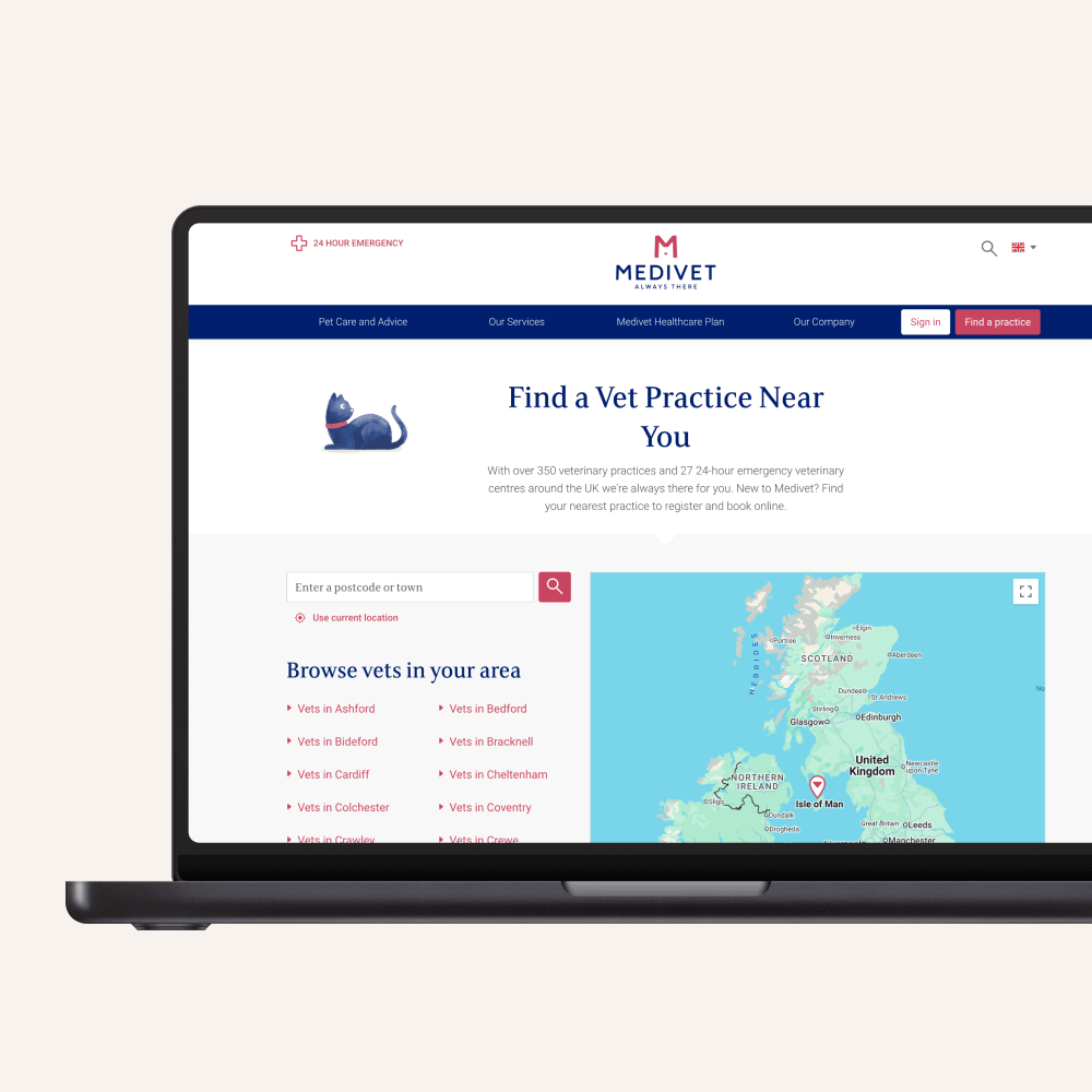 Laptop displaying a medical website with "Find A Vet Practice Near You" search function and an interactive map of the UK. The interface includes location-based browsing options for veterinary services.
