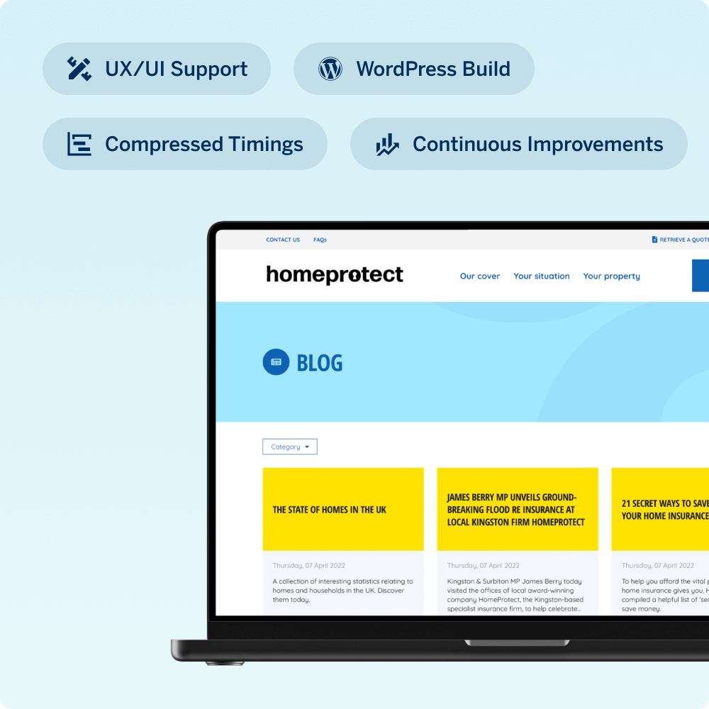 A laptop displays the Homeprotect blog, showcasing articles about the UK housing market. Icons above suggest key areas of focus: user research, competitor analysis, prioritization, and focus groups, highlighting a strategic approach to content development.