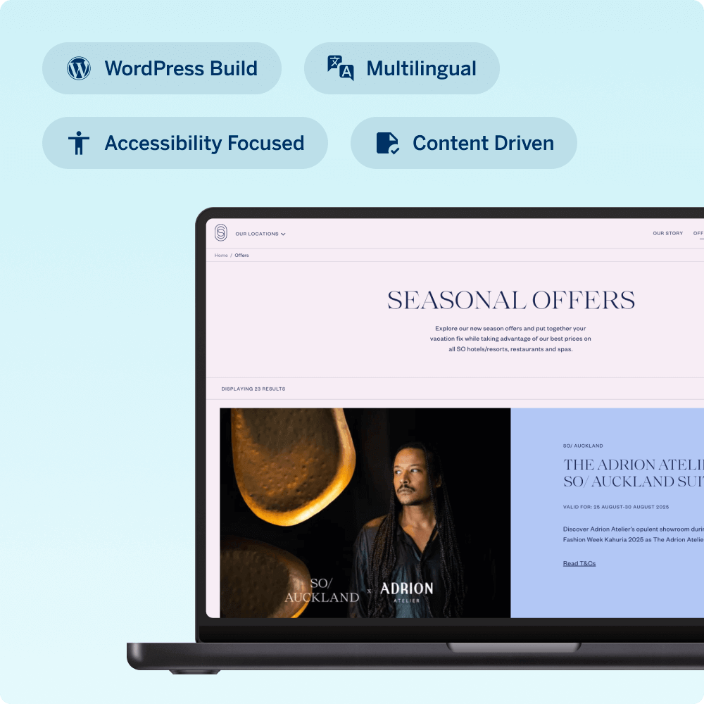 A laptop displays a WordPress website highlighting seasonal offers, featuring a visually engaging design. Icons indicate the site's multilingual capabilities, accessibility focus, and content-driven approach.