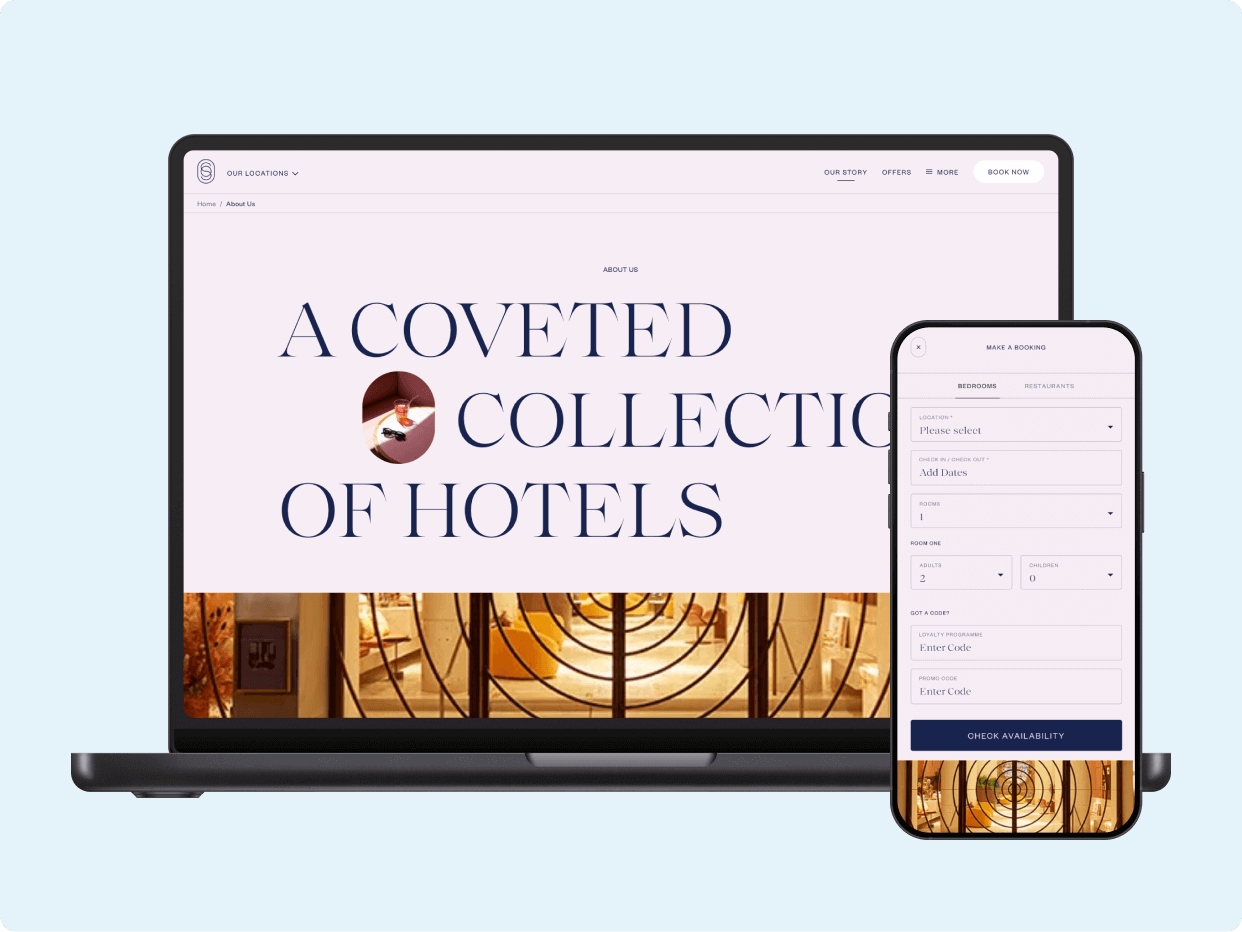 A laptop and a smartphone display a luxury hotel collection website, featuring elegant design and a search interface for booking accommodations.
