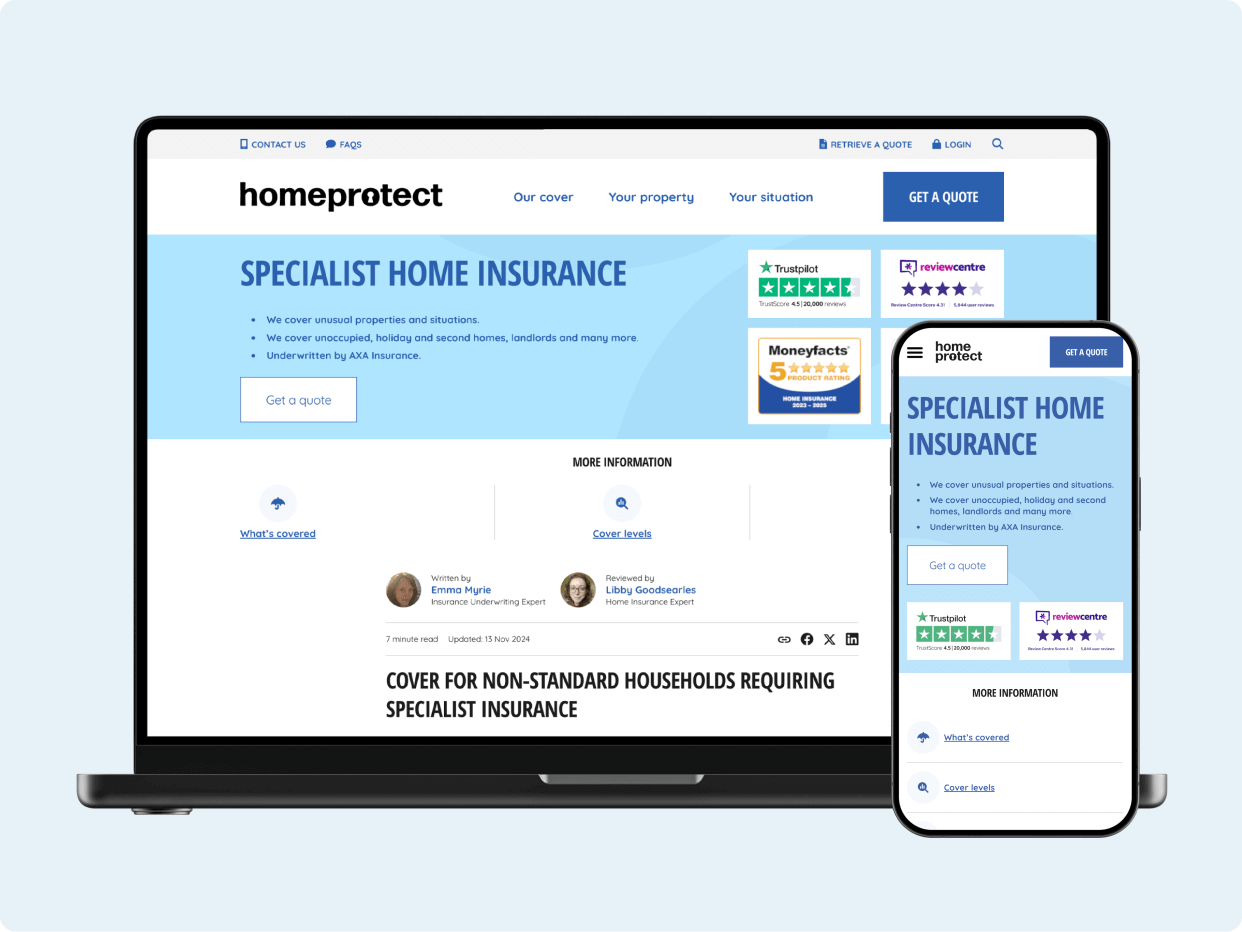 A laptop and smartphone displaying the Homeprotect website, featuring information about specialist home insurance for non-standard households. The site highlights coverage options and includes customer ratings.