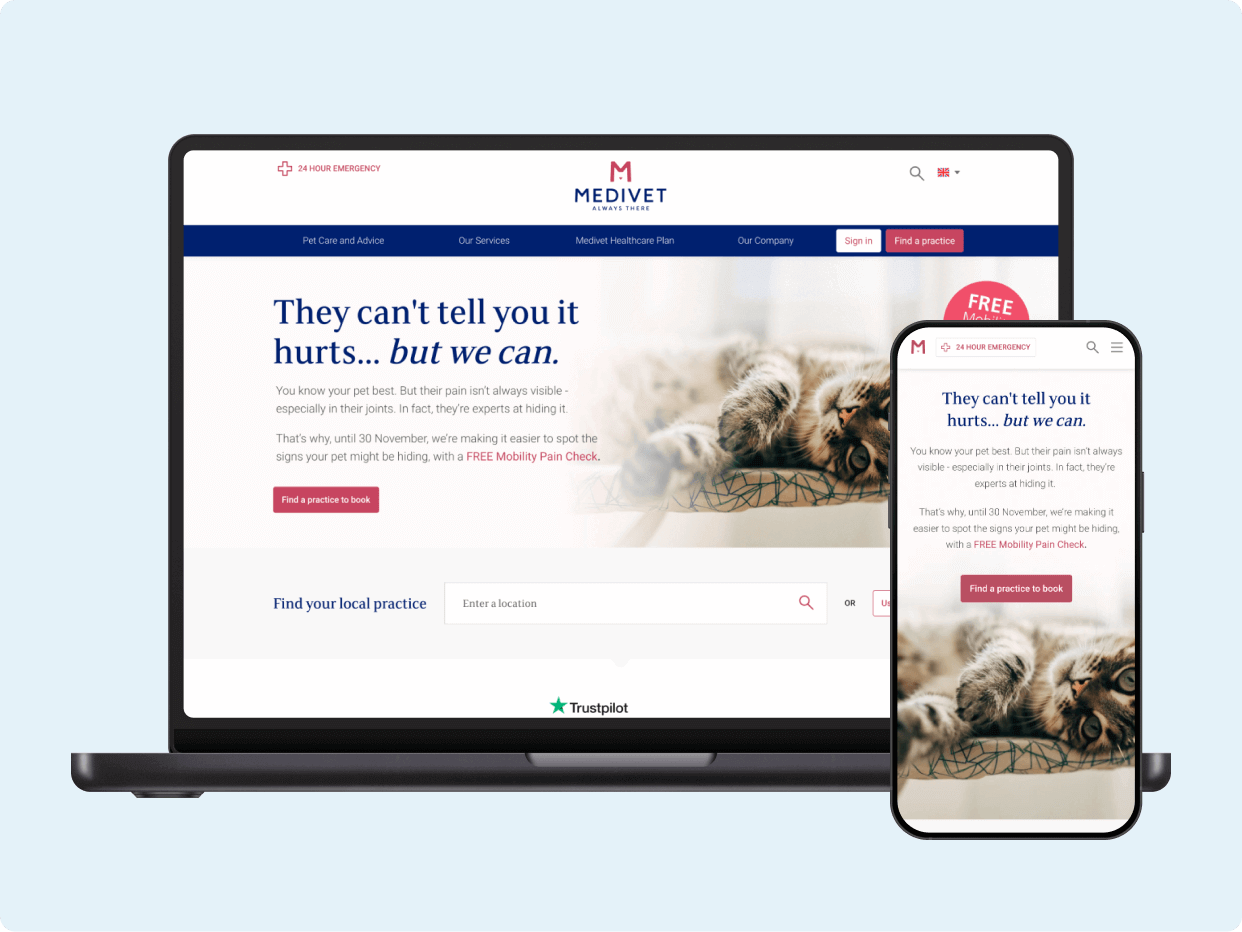 Laptop and smartphone displaying a veterinary website called PawPact with the tagline "They can't tell you it hurts... but we can." The responsive design shows the same pet care content adapted across both devices.