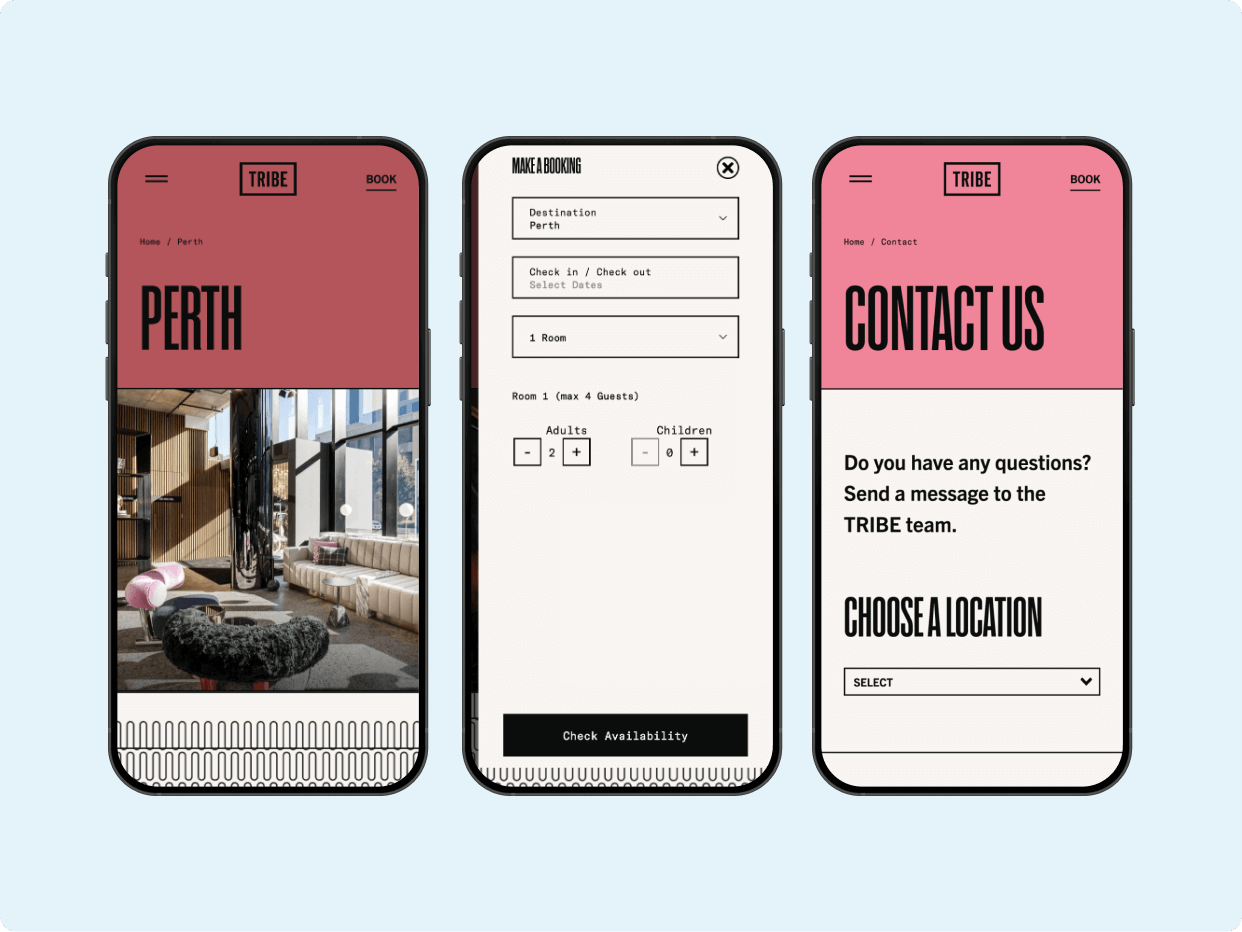 Three mobile phone screens showcase a modern website design. The first screen highlights a location in Perth with an inviting image, the second features a booking form, and the third includes a contact section for user inquiries.