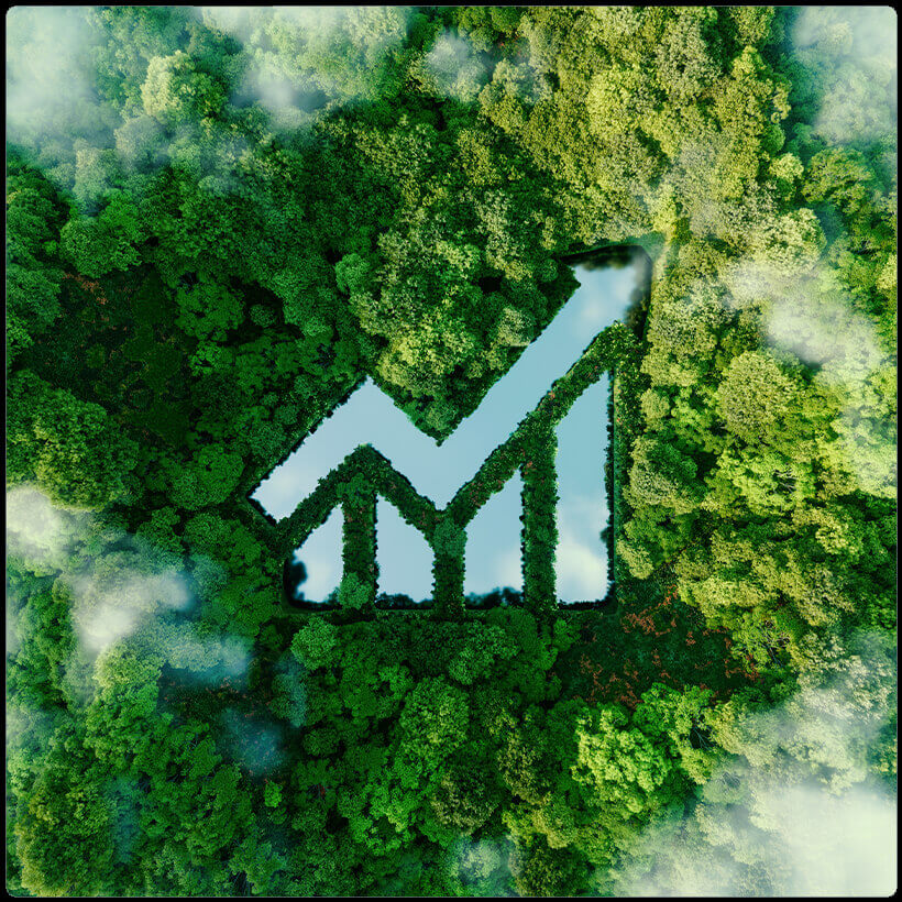 Aerial view of a dense forest with a clear blue waterway forming an upward arrow and bar graph shape, symbolizing growth, amidst the lush green treetops.
