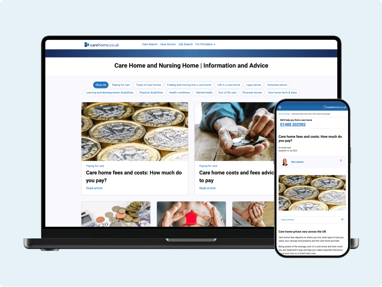 A laptop and smartphone display a website offering information and advice on care homes and nursing home costs, featuring articles about finances and additional fees.