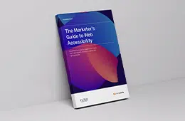 Cover of "The Marketer's Guide to Web Accessibility" with abstract geometric shapes in purple, blue, and orange on a slanted surface.