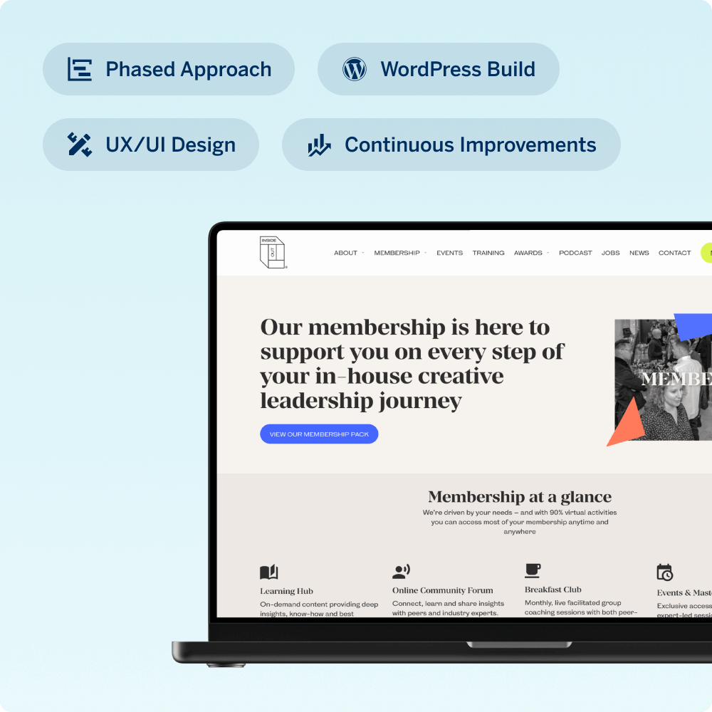 A laptop displaying a webpage that outlines membership benefits for creative leadership support, featuring sections on user research, competitor analysis, prioritization, and focus groups.