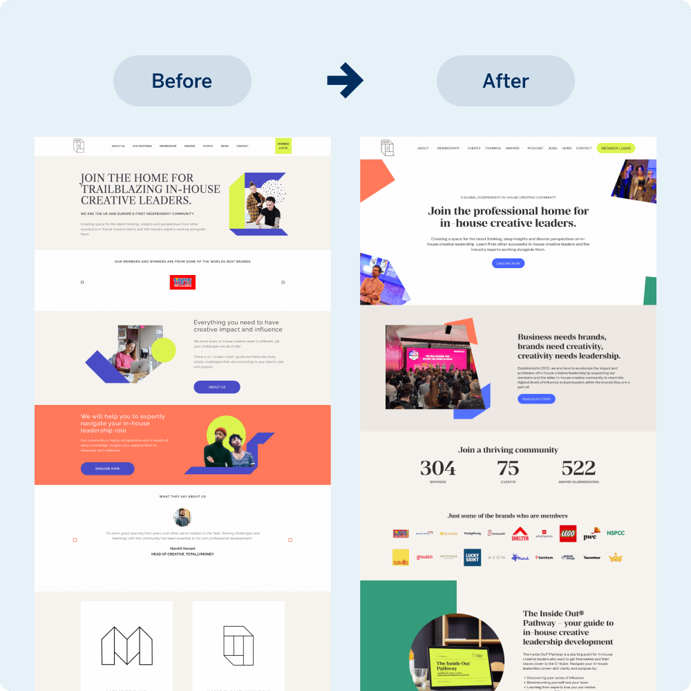 A website redesign showcases a clear transformation from the previous layout to a modern, engaging design. The left side displays the old version, while the right highlights an updated aesthetic with vibrant visuals and organized content aimed at creative leaders.