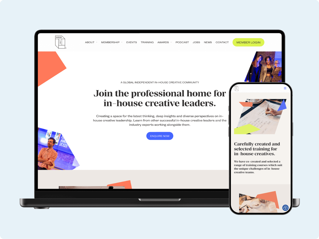 A laptop and smartphone display a website inviting in-house creative leaders to join a professional community, featuring engaging visuals and information about training and resources for creative professionals.