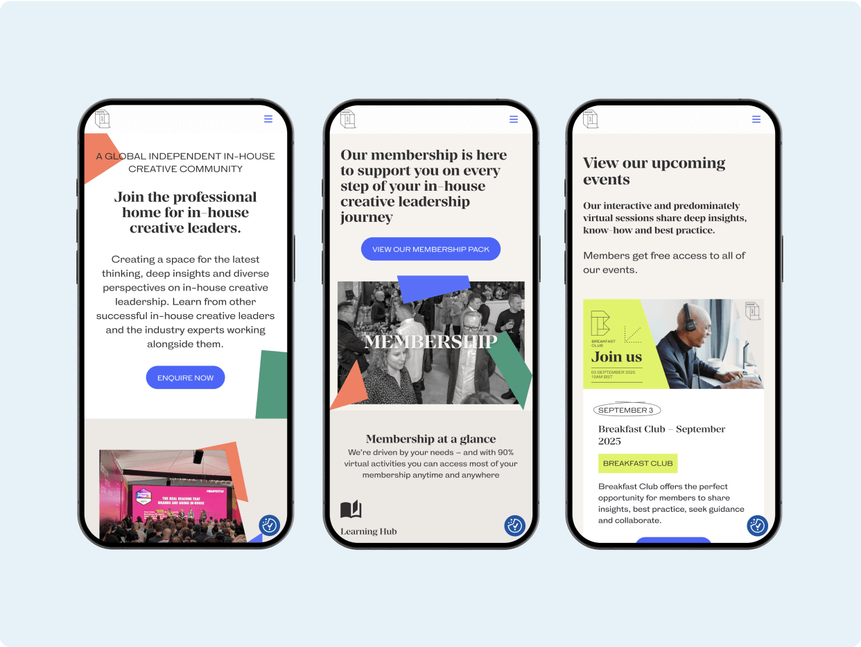 Image showcases three mobile phone screens displaying information about a membership program for home creative leaders. Each screen features details on membership benefits, support resources, and upcoming events, emphasizing community engagement and professional development.
