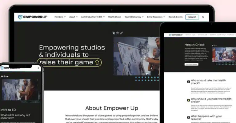 A responsive website design displayed on phone, tablet, and laptop screens. The site features "Empower Up" branding, with a focus on empowering studios and individuals. The main content area includes visuals and text sections discussing services and health checks.