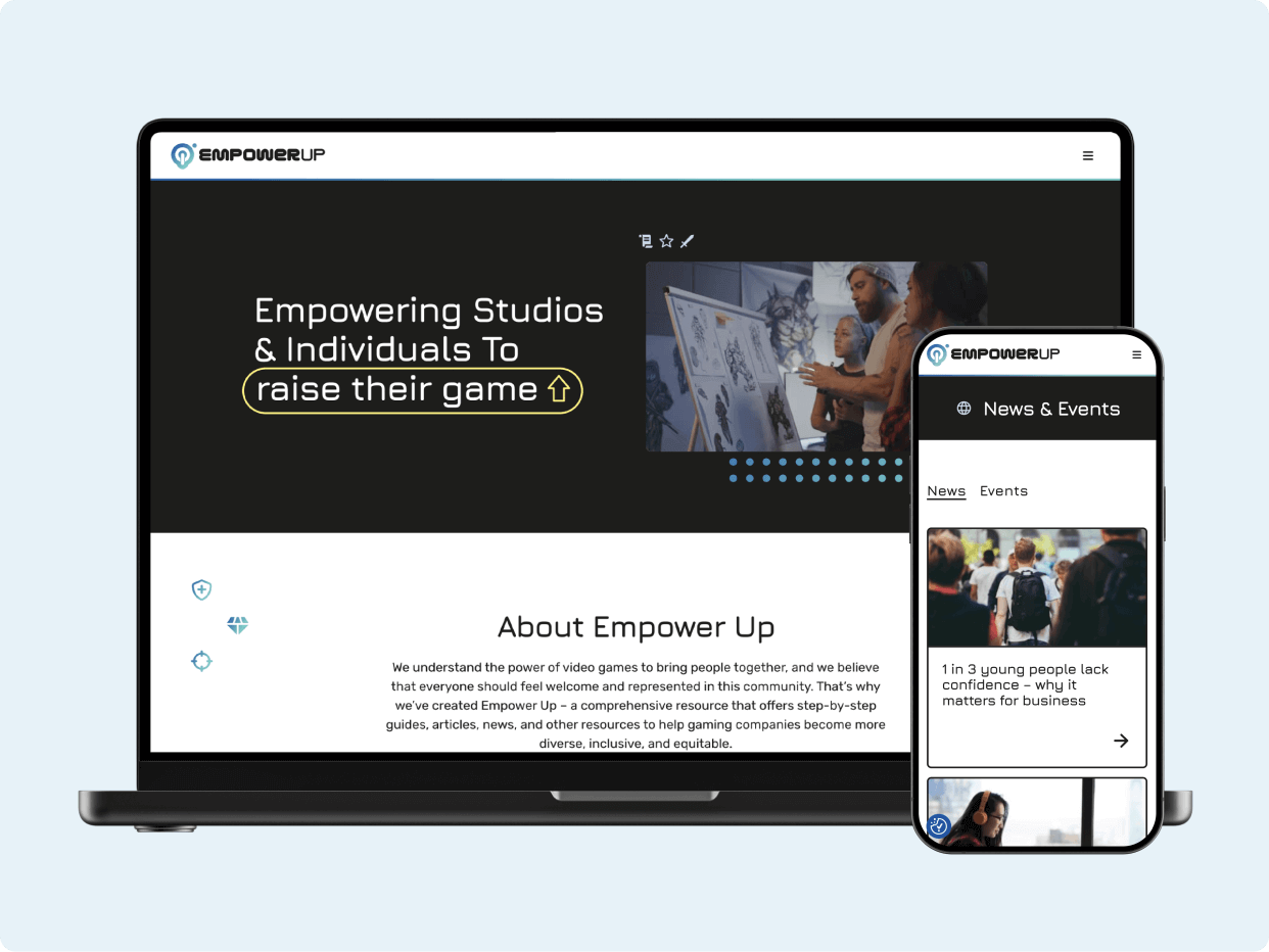 A laptop and smartphone display the Empower Up website, featuring a mission to empower studios and individuals. The layout includes sections for news and events, showcasing resources to enhance skills and growth within the creative industry.