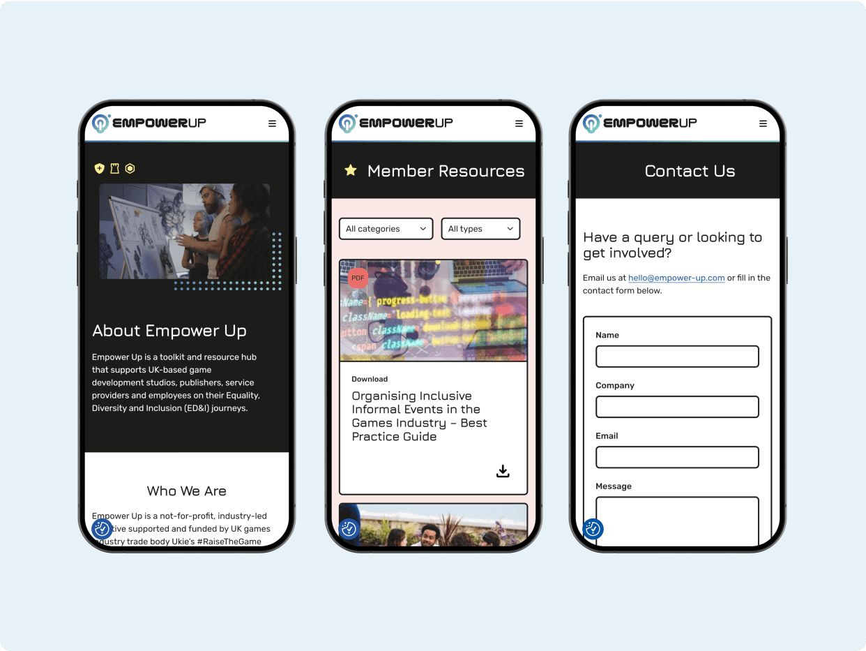 Three mobile phone screens displaying the Empower Up website. The first screen features information about the organization, the second lists member resources, and the third includes a contact form for inquiries.
