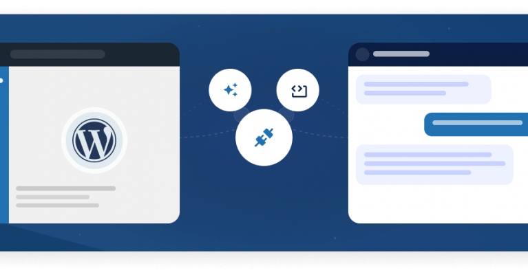 Illustration showing WordPress integration with other digital platforms, featuring browser windows, icons depicting connectivity, and communication elements on a blue background.