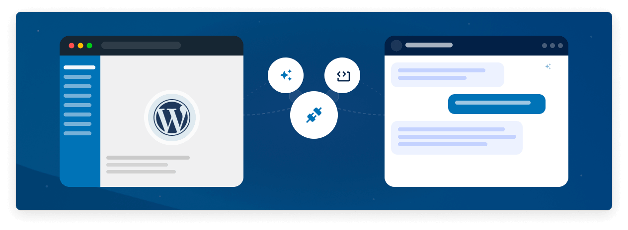 Illustration showing WordPress integration with other digital platforms, featuring browser windows, icons depicting connectivity, and communication elements on a blue background.