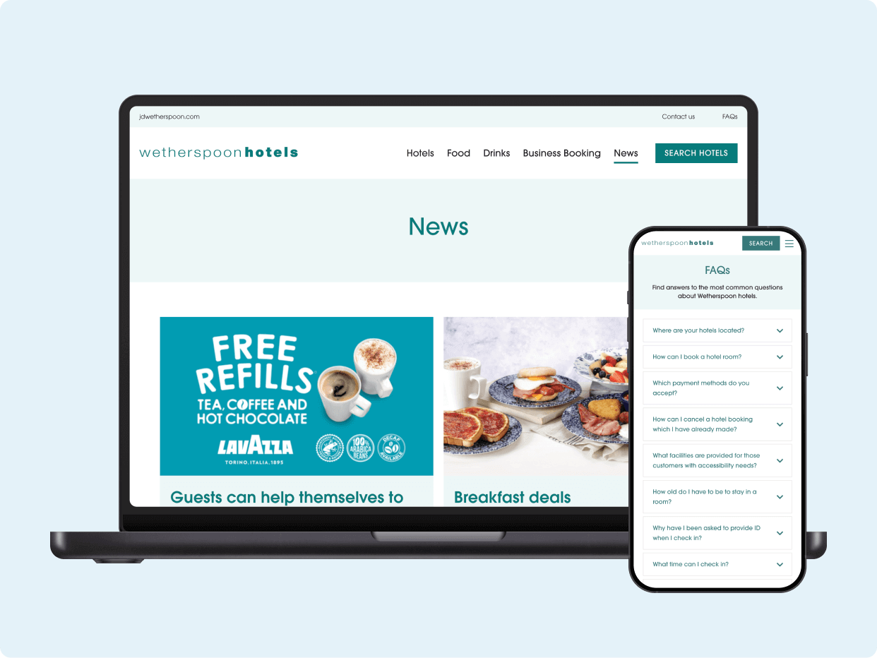 A laptop and smartphone display a hotel website featuring news and promotions, including free refills for tea, coffee, and hot chocolate, along with breakfast deals.