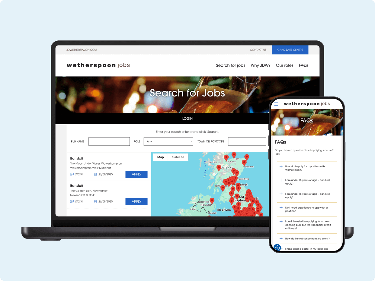 A laptop and a mobile phone display the Wetherspoon Jobs website, featuring a job search interface with location filters and an FAQ section, designed for users seeking employment opportunities.