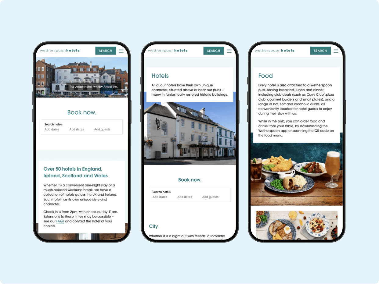 Three mobile screens showcase a travel website featuring sections for hotels, food, and city information. Each screen provides options to book accommodations, highlights various hotel offerings, and presents enticing food imagery, emphasizing a user-friendly interface for planning trips.