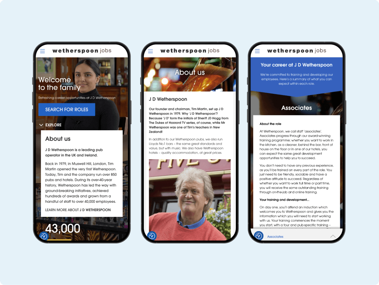 Three smartphones display the Wetherspoon jobs website. The screens show a welcome message, an overview of job roles, and information about associates, emphasizing the company's commitment to connecting with potential employees.