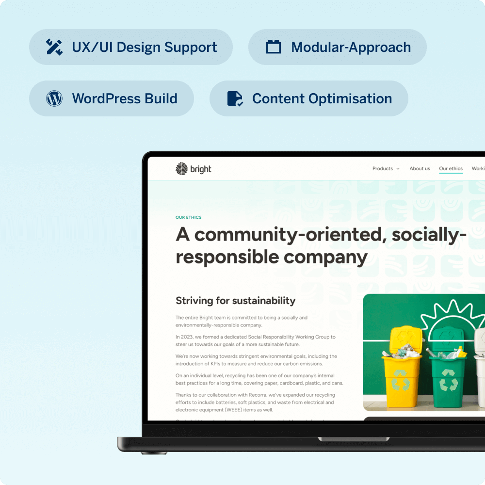 A laptop displays the website of a community-oriented, socially responsible company named Bright, emphasizing sustainability. Icons representing user research, competitor analysis, prioritization, and focus groups are featured in the background.
