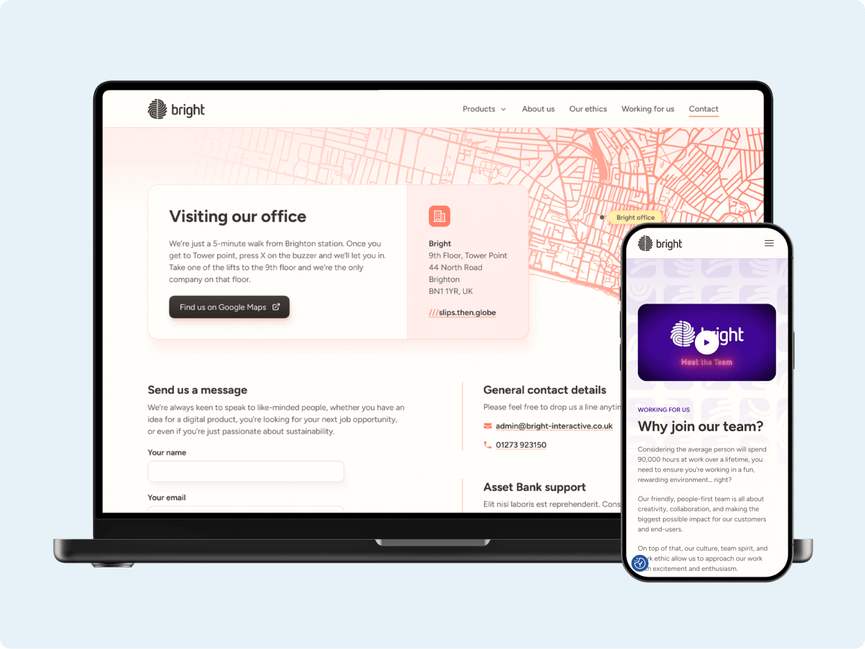 A laptop and smartphone displaying a webpage titled "Visiting our office" with a map, contact details, and a message form for users.