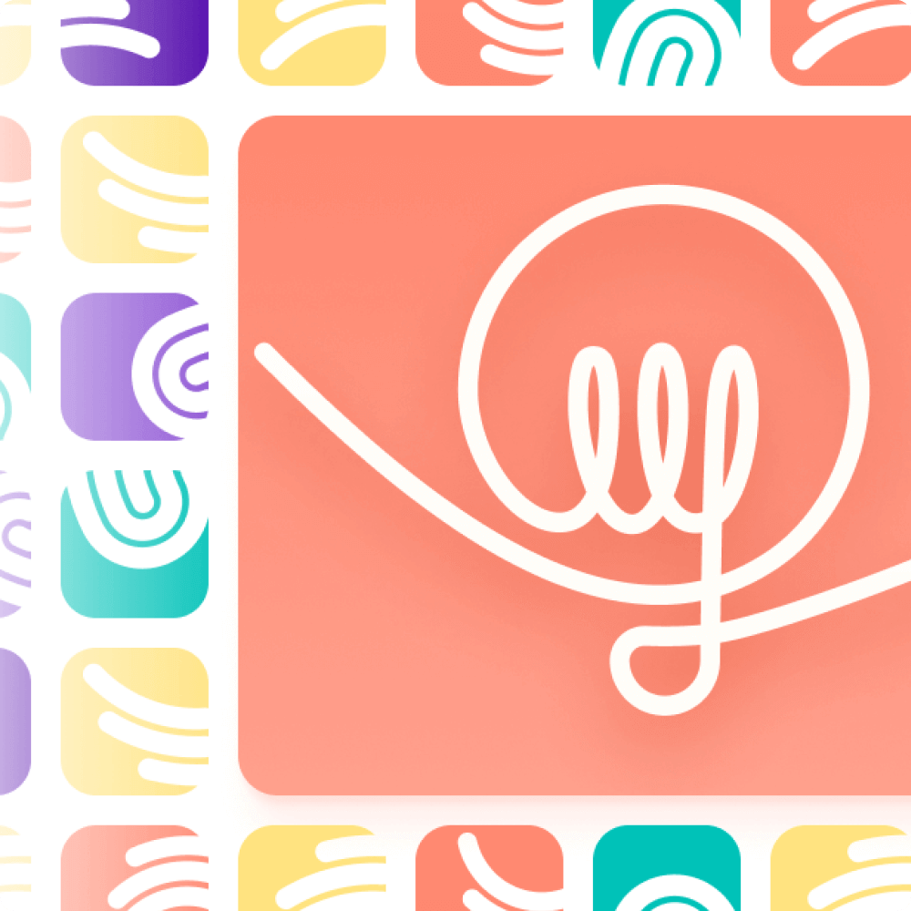 An abstract design featuring a central coral square with a white swirling line drawing. Surrounding it are colorful, patterned squares in various shades, creating a vibrant and dynamic visual theme.