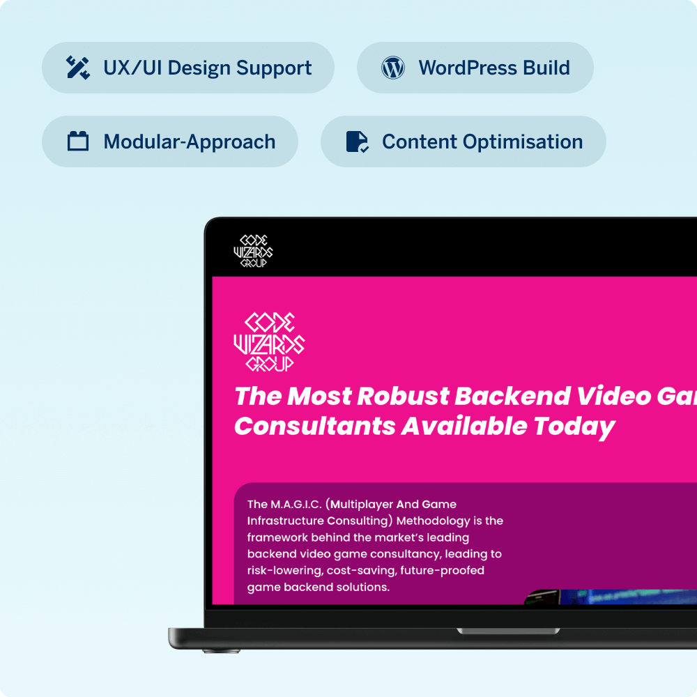 A laptop displays a vibrant website for Code Wizards Group, featuring a headline about video game backend consultancy services. Surrounding icons represent user research, competitor analysis, prioritization, and focus groups, emphasizing a comprehensive approach to game development.