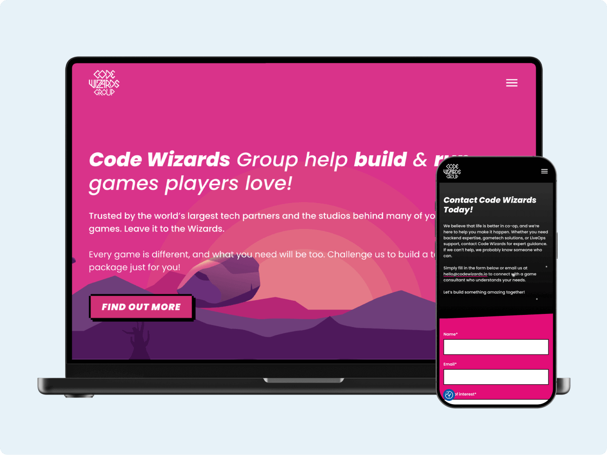 A laptop and smartphone display the Code Wizards Group website, featuring a vibrant pink background. The site promotes their services in building engaging games, emphasizing their partnership with leading industry players and inviting potential clients to collaborate.