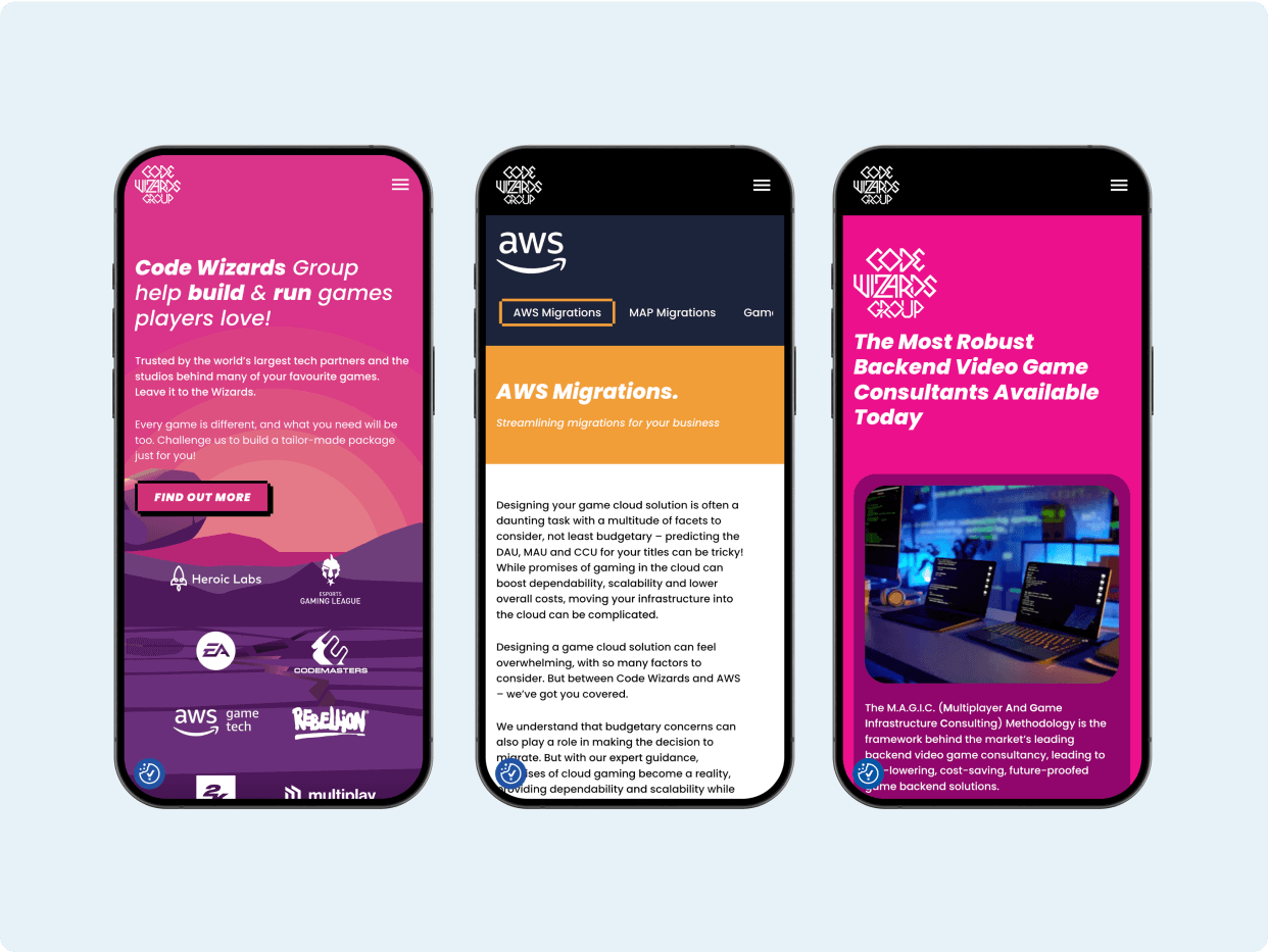 Three smartphone screens display mobile webpage designs for Code Wizards Group and AWS Migrations. The left screen features a gaming theme, the center focuses on AWS services, and the right highlights video game consultants. Each design showcases vibrant colors and engaging content tailored for users.