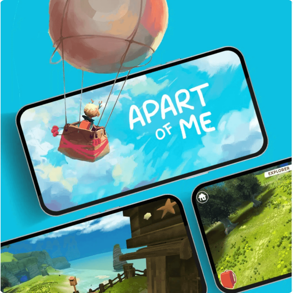 A colorful illustration featuring a mobile game interface. The game titled "APART of ME" showcases a character in a hot air balloon, alongside scenes of exploration and adventure within a vibrant landscape.